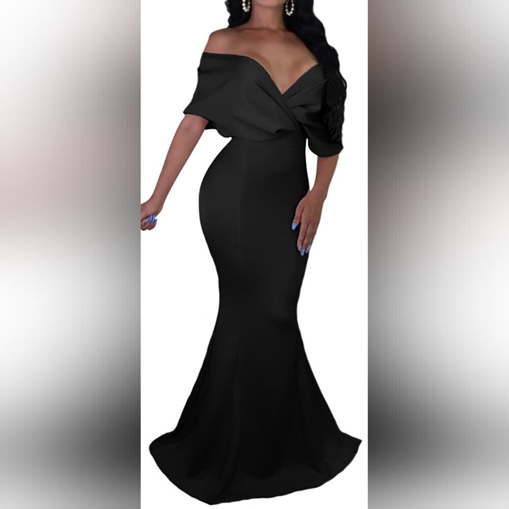 New Women's Black Evening Gown Off the‎ Shoulder Fishtail Dress Ladies Size XXL